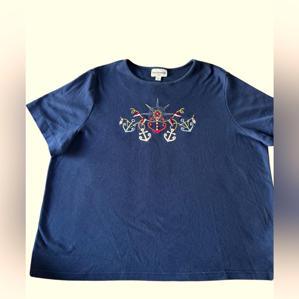 Breckenridge Woman Vintage Ladies Navy cotton top embroidered accents.  Size 2xl